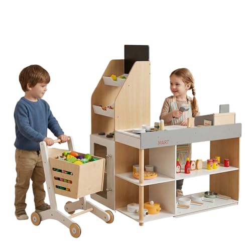 Costzon Grocery Store Pretend Play, Wooden Play Store, Toddler Supermarket Playset with Cash Register, Vending Machine, Chalkboard, Kids Grocery Store Playset, Gift for Boys & Girls