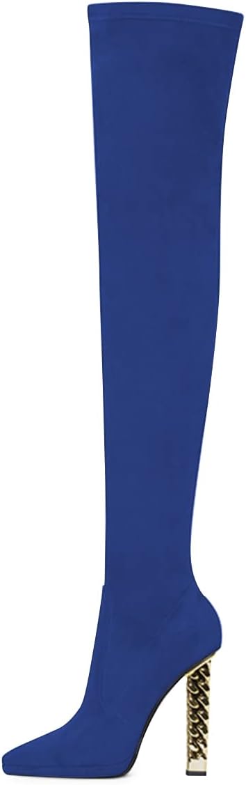 FSJ Women Fashion Over The Knee Long Boots Comfortable Flower Gold Metal Chain Chunky High Heels Sexy Pointed Toe Platform Stretch Thigh High Pull On Warm Shoes Size 4-15 US