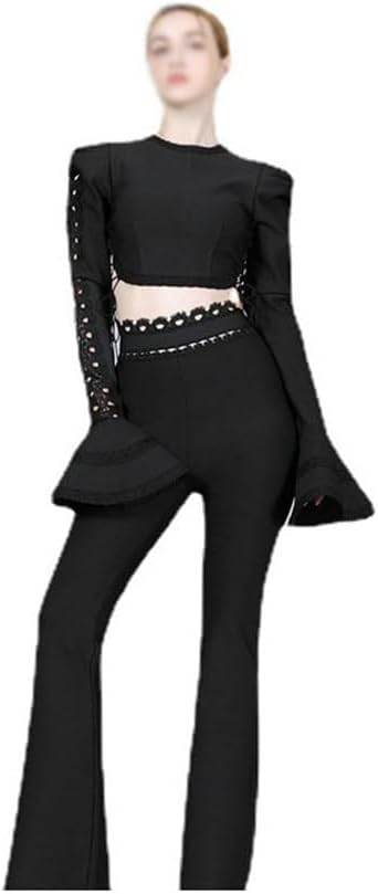 Lace High Waist Slim Women's Tight Bandage Long Sleeve Wide Leg Set Two Piece Suit