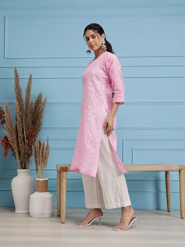 Image of Ada Women's Cotton Straight Fit Straight Hand Embroidered Lucknowi Chikankari Kurta Kurti A411165