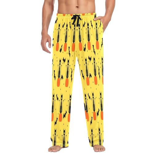 Qilmy Halloween Cat Pumpkin Men's Cotton Pajama Pants, Lightweight Lounge Sleepwear with Drawstring and Pocket