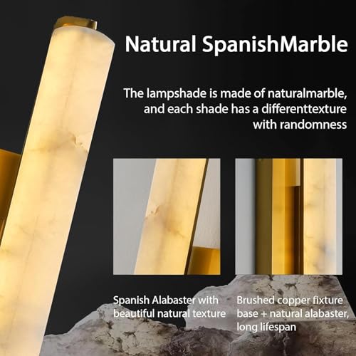 Image of 25in Alabaster Wall Sconces Brass Alabaster Sconce Spanish Marble Bathroom Vanity Sconces Long Modern Wall Light for Living Room Bedroom Staircases Indoor Gold