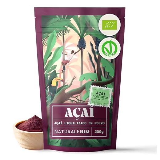 Bayas de Acai Orgánico en Polvo - Freeze-Dried - 200g. Pure Acaí Berry Powder Extracto crudo de la pulpa de la baya de açaí liofilizado. Bio cultivado en Brasil. Superalimento Ecológico.