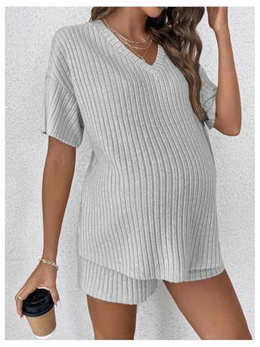 Image of MakeMeChic Women's Maternity 2 Piece Sets Summer Rib Knit Top and Short | Mama Clothes,Lounge,Short Sleeve Tee Shirt,Pregnancy Pajamas,Bump Friendly Outfits