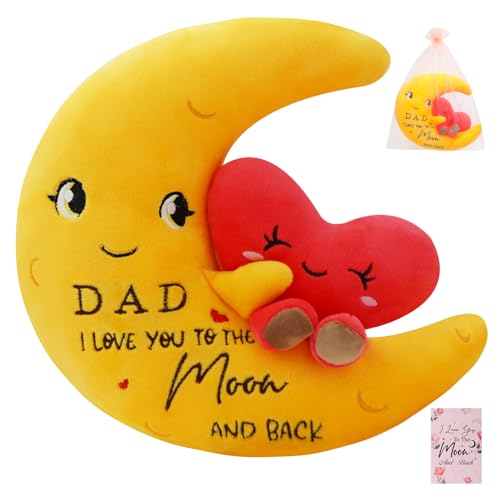 NIUBEHOHO Moon Love Plush Dads Gift Dad I Love You to the Moon and Back Pillow Stuffed Animal Heart Plush Toy Sweet Card and Tulle Gift Bag for Fathers Day Father Christmas 11 Inch