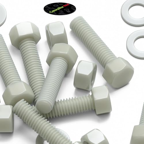 Image of 50x Natural PA66 50% Glass-Fibre Hex Head Plastic Bolts, Nuts & Washers, M5 x 20 mm, (13 /64 x 25 /32 in)