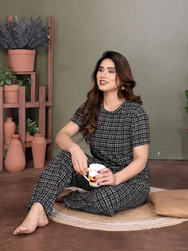 Image of VJ Fashion Women's Cotton Lycra Printed & Knitted Round Neck Night Wear Set of Top and Pazama