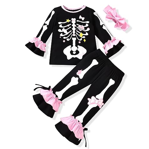 Image of HINTINA Toddler Baby Girls Halloween Thanksgiving Outfits Bell Bottom Flared Pants Set