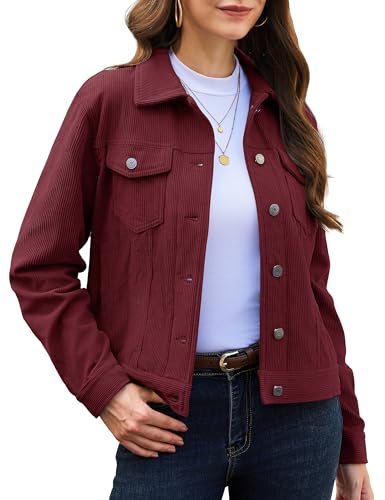 YUCOLEN Womens Corduroy Jacket Button Down Collared Coat Wine Red