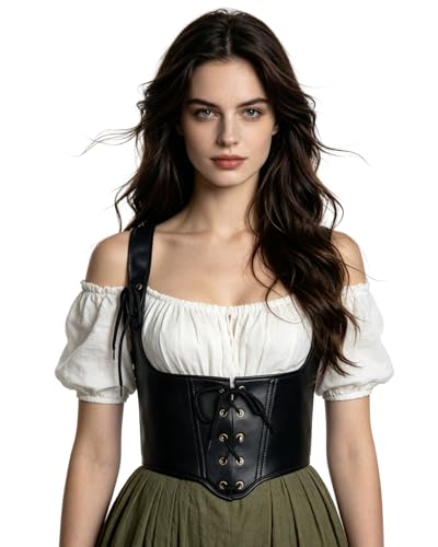 Joukavor Womens Renaissance Leather Corset Belt - Medieval Bustier Waist Cincher with Straps Gothic Corset Harness for Ren Faire (Black Medieval)