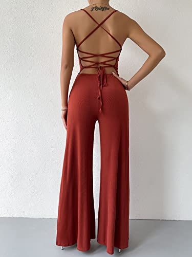 Floerns Women's Backless Tie Back Sleeveless Wide Leg Slit Hem Jumpsuits Redwood L #TOP1