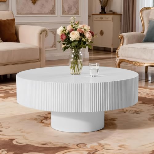 Souwofs 30.9" Round Coffee Table For Living Room, Modern Luxury Wood Coffee Table White Circle Accent Table Drum Center Table For Office, Apartment