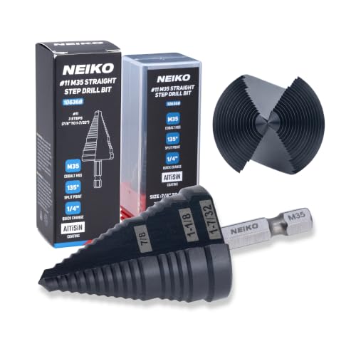 Image of NEIKO 10636B Step Drill Bit, 3 Steps 7 /8 inch to 1-7 /32 inch Straight M35 Cobalt, AlTiSiN Coated, 1 /4 inch Quick Change Step Bits for Steel, Metal, Wood, Plastic, Unibit Cone Drill Bits, Two Flute
