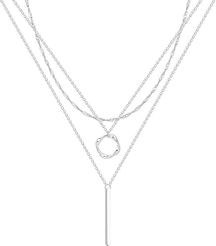 Layered Silver Chain Necklace, Triple Strand Design with Circle and Bar Pendants