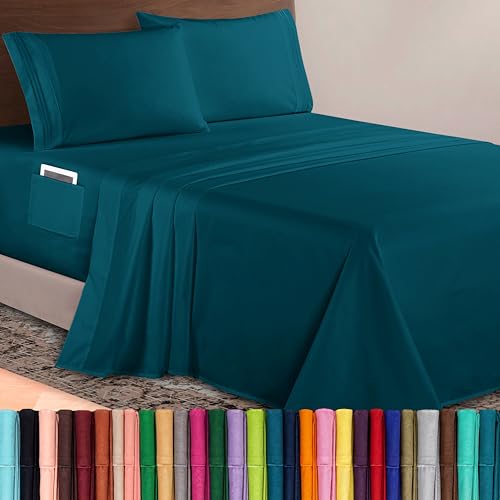 Image of Elegant Comfort Luxurious 1500 Premium Hotel Quality Microfiber 4-Piece Sheet Set, 18-24 Inches Deep - Extra Deep Pocket Sheets - Ultra Soft 4PC Deep Pocket Sheets, Twin /Twin XL, Marine Teal