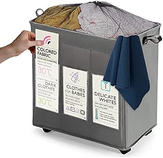 KNIGHT Light Weight Laundry Basket 120L Collapsible Laundry Bag with Wheels Mesh Cover & Handles 3 Separate Sections | Laundry Hamper | Folding Portable Washing | Storage Bin Durable Fabric (Grey)