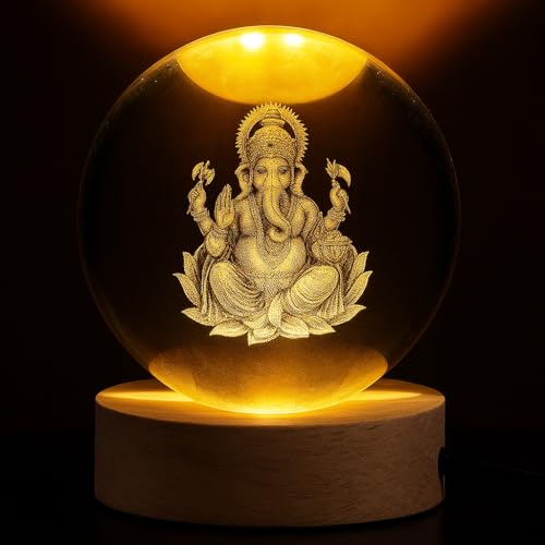 Image of 3D Crystal Ganesh Ji Lamp Engraved LED Globe Lamp, USB Wooden Base, Warm White Table Light for Temple Home & Office Decor, Birthday & Anniversary Gift (6cm)