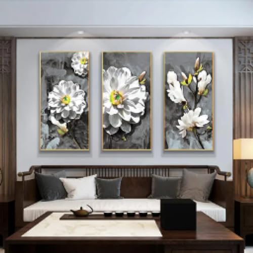 Fleurs blanches modernes sur toile pour habiller un grand mur vide de salon avec élégance
