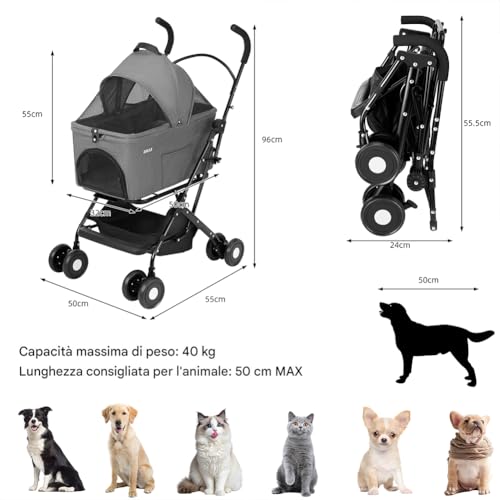 Bakaji Passeggino Per Animali Domestici 2 In 1 Carico Massimo 40Kg Pieghevole E Salvaspazio, Capsula Rimovibile, Carrozzina Per Cani E Gatti Con Trasportino Removibile E Cestello Portaoggetti (Grigio) - 6