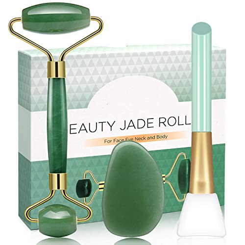 Jade Roller Pierre Gua Sha - Rouleau de Jade Vrai Pierre Guasha avec Pinceau de Masque Massage pour Soin Peau Yeux Cou Nuque Dos Pied Corps Cadeau Femme Anniversaire Mariage