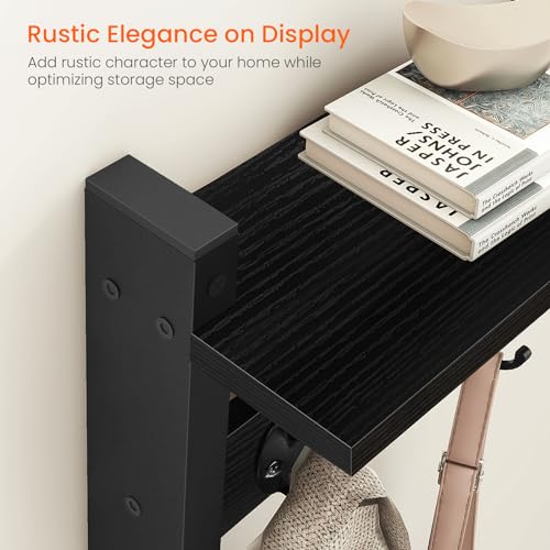 Image of Homode Coat Rack Wall Mount with Shelf, 24 inch Long Entryway Shelf with Hooks Underneath, Wooden Coat Hanger for Hanging Hats, Bathroom Towels, Clothes, Black
