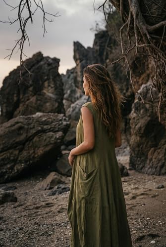 Image of Thaluta Women's Boho Cotton Sleeveless Dress Casual Loose Fit Maxi Dress with Big Pockets Fair Trade Light Summer Sundress
