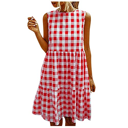 Leinenkleider Damen Sommer Kariertes Baumwollkleid mit Rundhalsausschnitt Etuikleid Kleid Rot Damen Festlich A-Linie Kleid Sommerkleider...