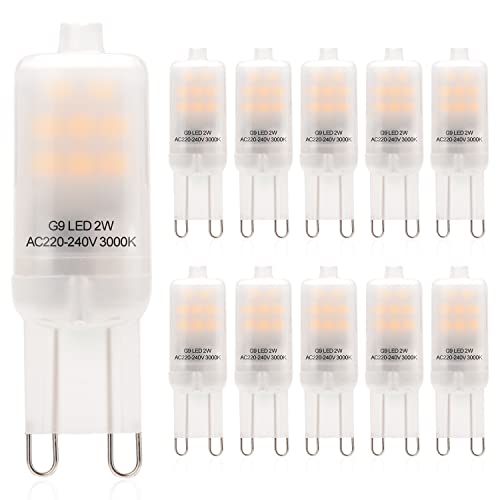 Eco.Luma Lampadine LED G9 2 W bianco caldo 3000 K, equivalenti a 20 W alogene, angolo del fascio 360°, non dimmerabili AC 220-240 V, senza sfarfallio, confezione da 10