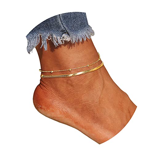 Image of Ankle Bracelets for Women,18K Gold Plated Layered Beads Snake Chain Anklet for Women,Summer Beach Dainty Anklets Foot Jewelry Gift