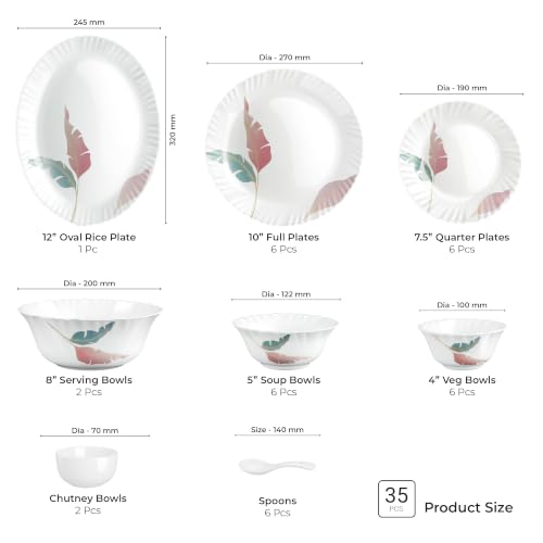 Image of Treo by Milton Opalware Aurelia Palma Dinner Set of 35 | Serving for 6 | Microwave & Dishwasher Safe | Bone-Ash Free | Tempered Toughness | Plates, Bowls, Spoons | Crockery Set for Dining & Gifting