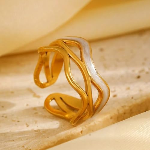 Chunky Gold Rings For Women, Stainless Steel White Two Tone Ring Trendy Stackable Fake Engagement Promise Statement Jewelry Gift 5