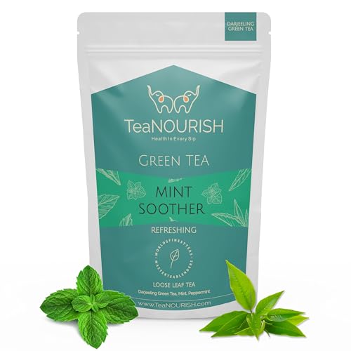 TeaNOURISH Mint Soother Green Tea | Darjeeling Loose Leaves | Blended with Fresh Mint & Peppermint Leaves | Refreshing & Calming Tea | 50 Cups Hot or Iced Tea - 100g