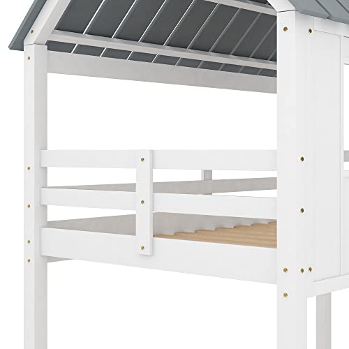 Polibi Twin-Over-Twin Wooden House Bed, Bunk Bed With Playhouse, Farmhouse, Ladder And Guardrails (White + Gray) #TOP6