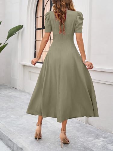 Image of Shasmi Girl's & Women's Solid Color V-Neck A-Line Maxi Dress for Women | New Year Party Outfit | Waist Cinched Puff Sleeve Western | Elegant Casual Wear (Dress 246)