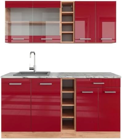 Vicco R-Line Singleküche Rot Hochglanz mit Goldkraft Eiche und Marmor-Arbeitsplatte.