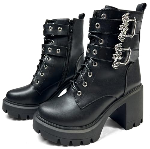 Image of MEOTINA Women Platform Boots Black Chunky Heel Ankle Booties Lace Buckle Combat Boots with Zipper High Heel Goth Shoes