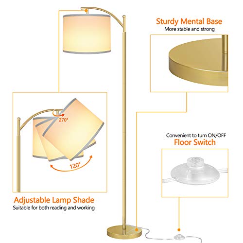 ROTTOGOON Floor Lamp for Living Room, LED Standing Lamp with White Lamp Shades Tall Industrial Floor Lamp Reading for Bedroom, Office, Study Room, 9W LED Bulb Included -Gold