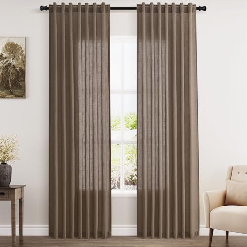 Image of Light Brown Linen Curtains 84 Inches Long for Bedroom Back Tab Light Filtering Privacy Semi Sheer Curtains Modern Farmhouse Decor Light Brown Cotton Textured Curtain for Living Room 2 Panels 52x84