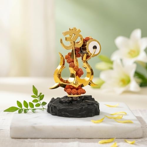 Image of eCraftIndia Trishul Damroo Idol with Original Rudraksha Beads | Lord Shiva Symbol Murti for Car Dashboard, Home Decor & Office Table | Spiritual Gift for Pooja, Housewarming & Festive Use