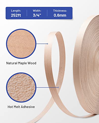 Image of Maple Edge Banding, 3 /4 inch X 250ft Roll Real Maple Wood Veneer Edging, Flexible Pre-glued Plywood Edge Banding Strips with Strong Hot Melt Adhesive Iron-on Edgebanding for Furniture Restoration