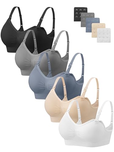Image of Angelhood Nursing Bra 5 Pack Womens Maternity Breastfeeding Seamless Wireless Sleep Bra with Extenders
