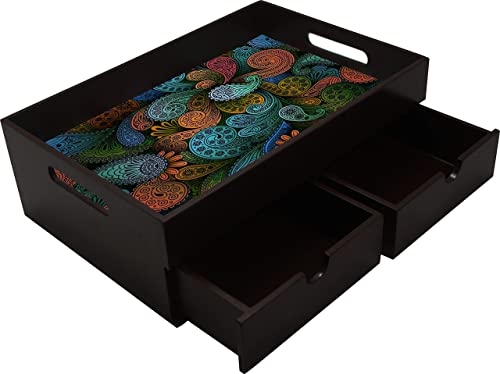 Enigmatic Woodworks Wooden Large Tray with Drawer I Sturdy Serving Tea Breakfast Kitchen Bedroom Platter with Handle I Store Spoon Knife Fork Napkin Tea Sugar Milk Sachets I Size 12X8X4 I Brown-MH