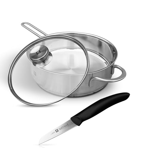 Zwilling TwinNova3 Schmorpfanne Induktion 24 cm mit Deckel + Gemüsemesser 8cm, 3 tlg, Saute-Pfanne Unbeschichtet, HOHER RAND, Spülmaschinenfest, FÜR ALLE HERDARTEN, Silber