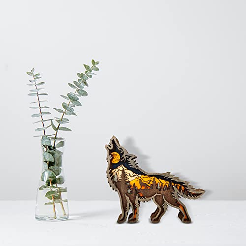 Idotodo Wolf And Mountains Layered Wooden Carved Ornament With Lights, Forest Animal Multi-Layered 3D Decor #TOP6