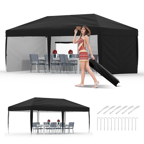 10x20 Pop Up Canopy with 0/4/6 Sidewalls, Beach Ten with One Push Setup, Heavy Duty Outdoor Instant Canopy Tent with Portable Roller Bag, Silver Coated Top, 3 Adjustable Height, Sandbags Bla