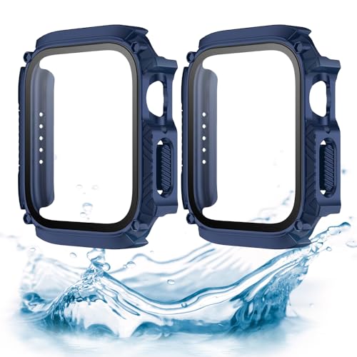 AEXUTDA 2-Pack for Apple Watch Series 9 8 7 Waterproof Case with Tempered Glass Screen Protector Ultra-Thin for 41mm - Navy Blue