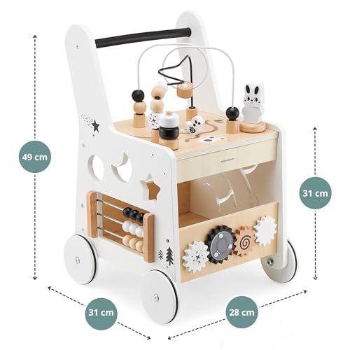 Mamabrum Wooden Baby Walker with Wheels 6-in-1 - Push Along Toy 12+ Months - Baby Activity Centre Walker with Shape Sorter, Bead Mazes, Abacus and Gears and Stacking Blocks - Image 5