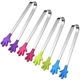 HAKACC 4 Stück Mini Zuckerzangen Set, Edelstahl Servierzangen mit bunten Silikongriffen, Lustige Hand-Zangen für Candybar und Kindergeburtstag, Buffet-Zangen für Obst, Eis und Snacks
