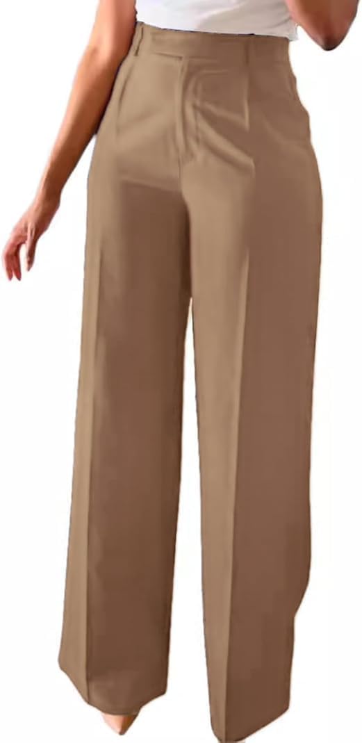 Women's High-Waist Straight Leg Suit Pants Business Work Wide Leg Button-Down Pant Office Elastic Sports Trousers