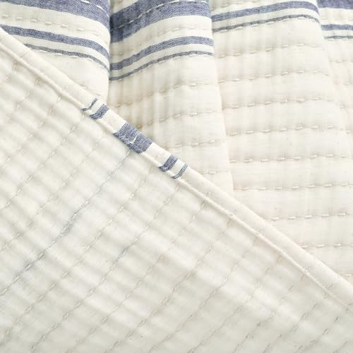Image of Lush Decor Farmhouse Stripe Kantha Pick Stich Yarn Dyed Cotton Woven Throw Reversible Ticking Pinstripe Design Blanket, 50 inch x 60 inch, Navy